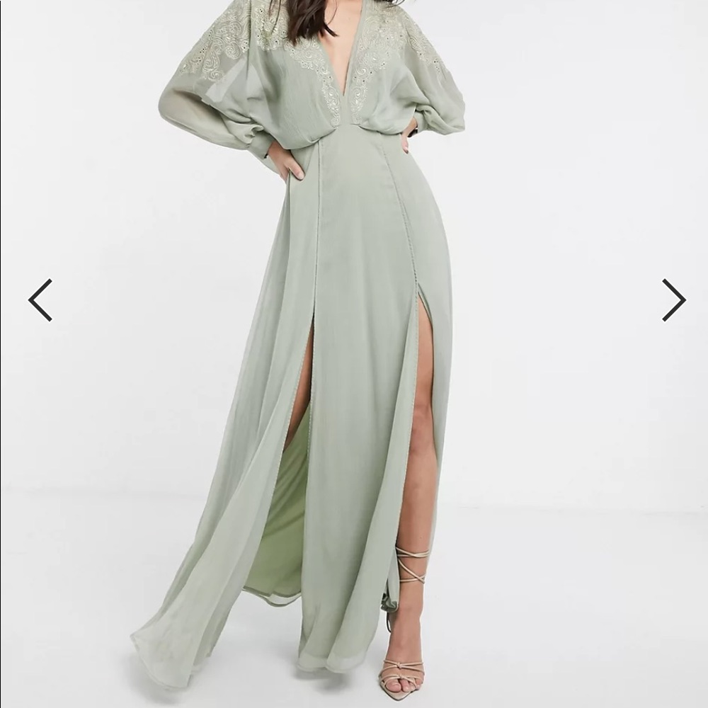ASOS Design embroidered yoke crinkle chiffon maxi dress - Size 10